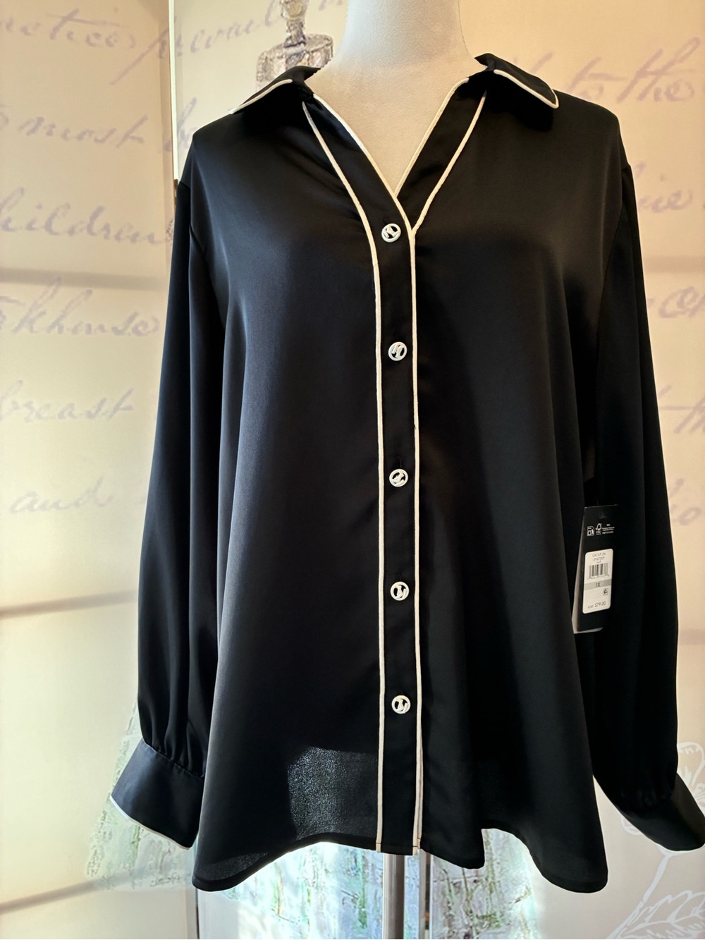 New w/ tags Karl Lagerfeld Black Button-Front Blouse with White Piping